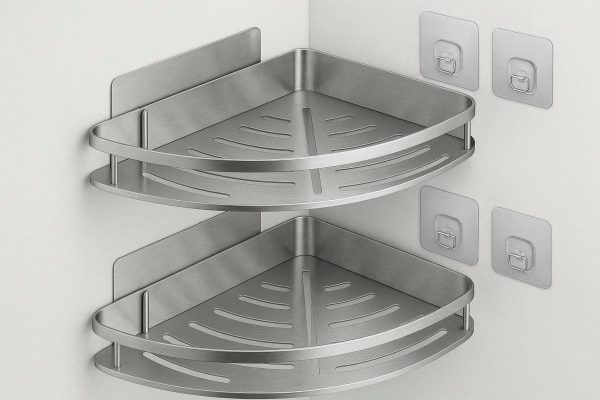 2 Stainless Steel Corner Shower Shelves Pack Adhesive Wall Mount Storage Organizer Rack for Bathroom Toilet Restroom