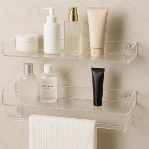 Floating Bathroom Shelves Clear Acrylic Wall Mounted Vanity Storage Rack Towel Bar Holder Cosmetic Organizer Stand