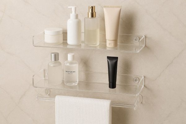 3 Floating Bathroom Shelves Clear Acrylic Wall Mounted Vanity Storage Rack Towel Bar Holder Cosmetic Organizer Stand