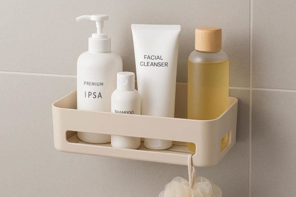5 Self Adhesive Bathroom Shelf Organizer Shower Storage Basket Hanging Rack No Drill Plastic Vanity Wall Holder