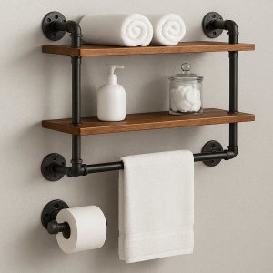 Industrial Pipe Wood Floating Shelves Wall Mounted Bathroom Storage Rack Towel Bar Toilet Paper Holder Stand