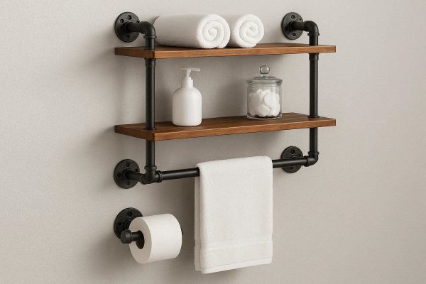 6 Industrial Pipe Wood Floating Shelves Wall Mounted Bathroom Storage Rack Towel Bar Toilet Paper Holder Stand